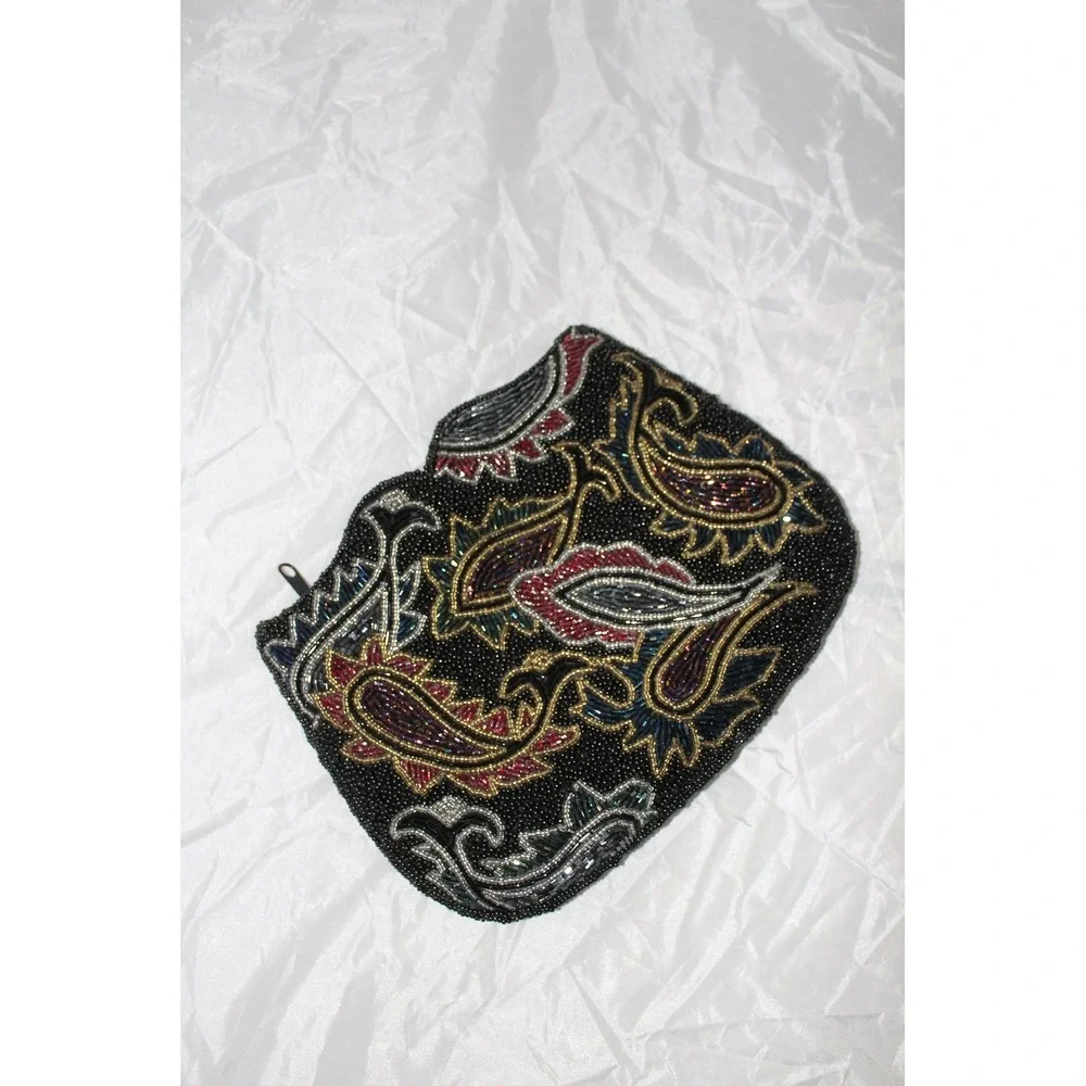 VTG Carolyne Barton Beaded Paisley Clutch Evening‎ Bag Black Red Gold